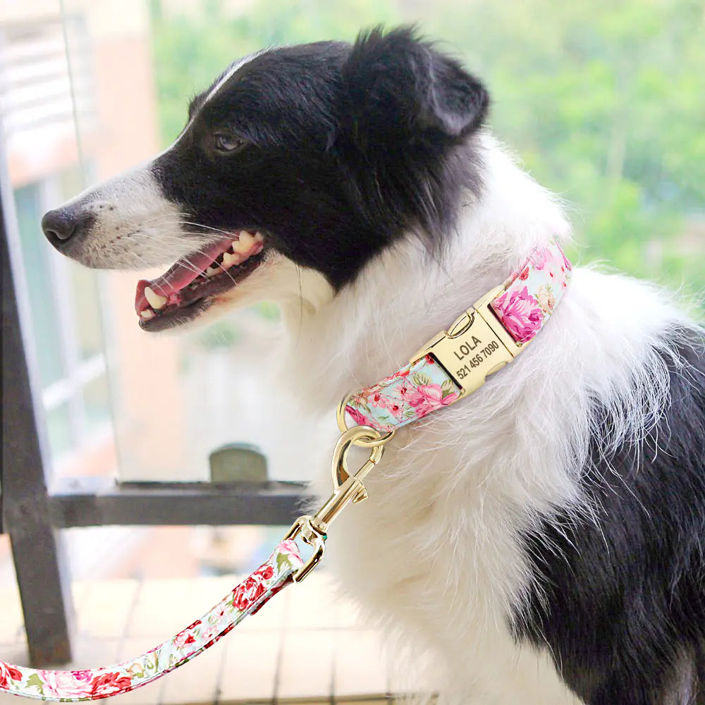 Personalized Floral Dog Collar and Leash Set for Dogs