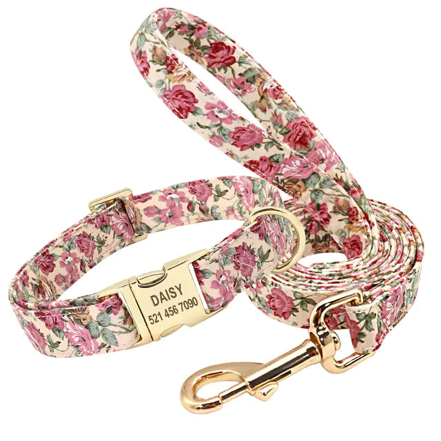 Personalized Floral Dog Collar and Leash Set for Dogs