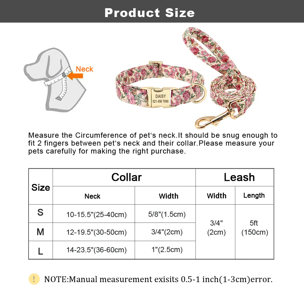 Personalized Floral Dog Collar and Leash Set for Dogs