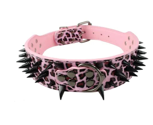 Leather Dog Collar with Black Spikes for Medium to Large Pets