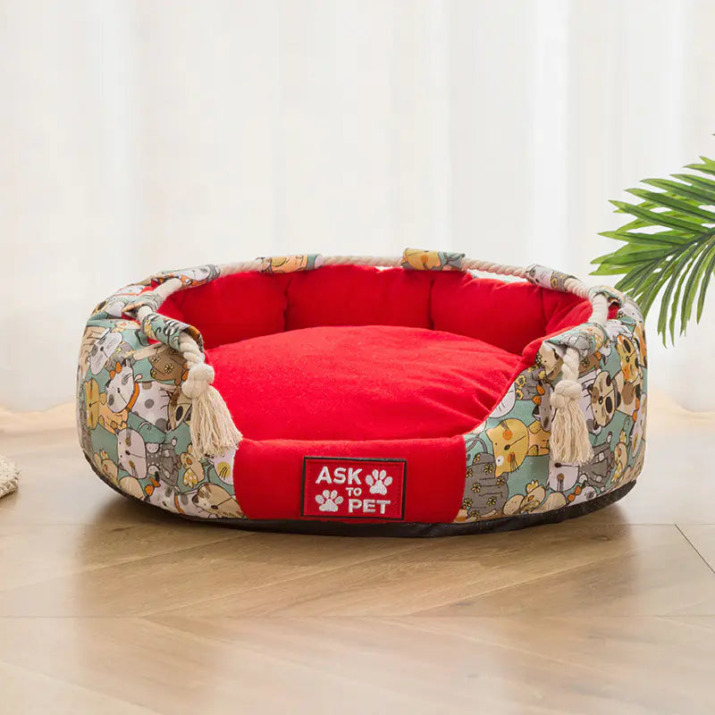 Thick Plush Winter Warm Printed Canvas Pet Nest