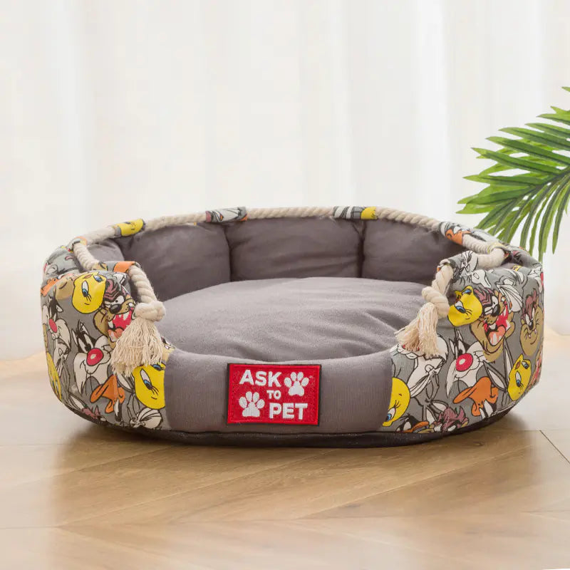 Thick Plush Winter Warm Printed Canvas Pet Nest
