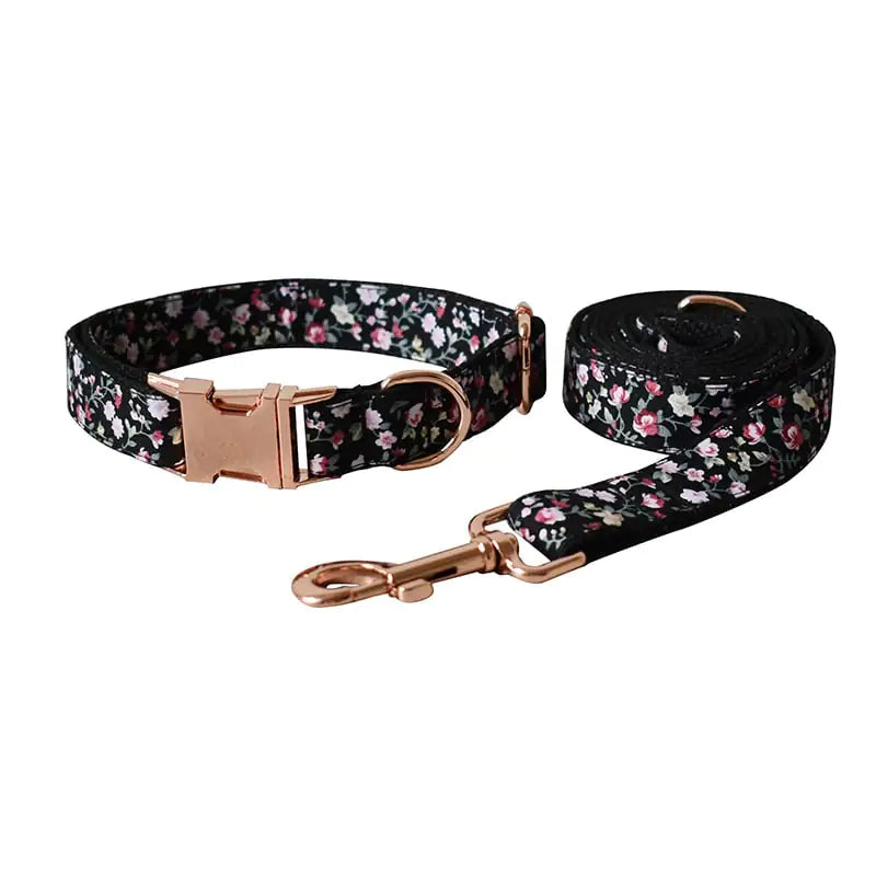 Black Flower Pet Leash and Collar for Dogs and Cats