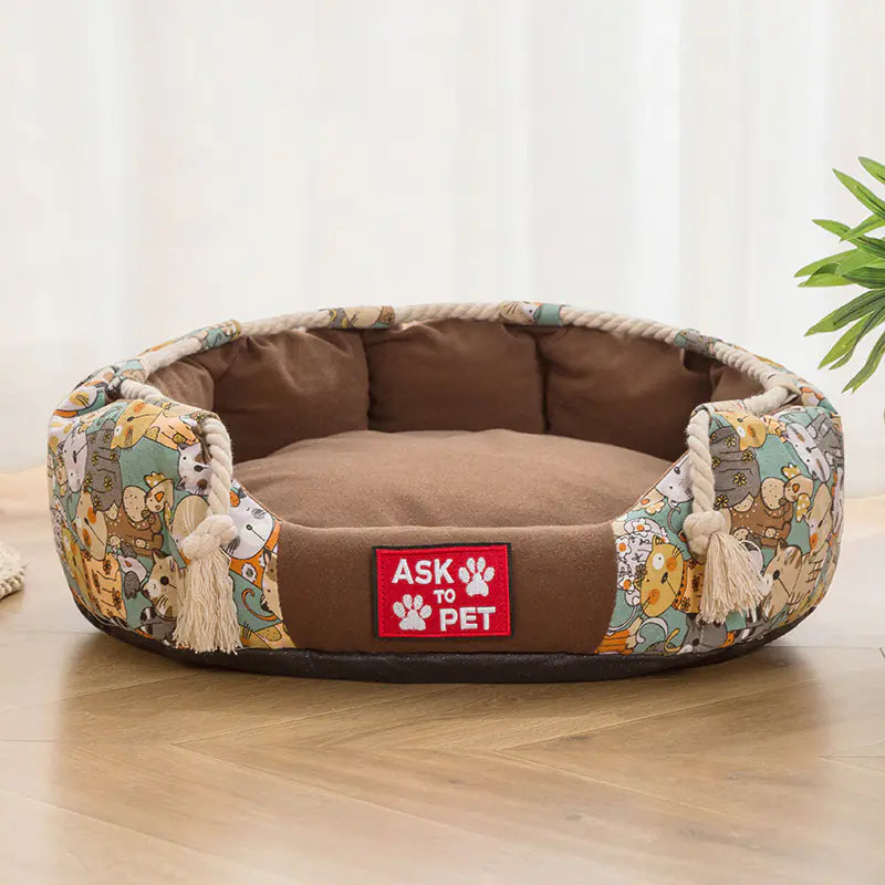 Thick Plush Winter Warm Printed Canvas Pet Nest
