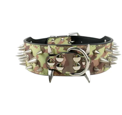 Leather Dog Collar with Black Spikes for Medium to Large Pets