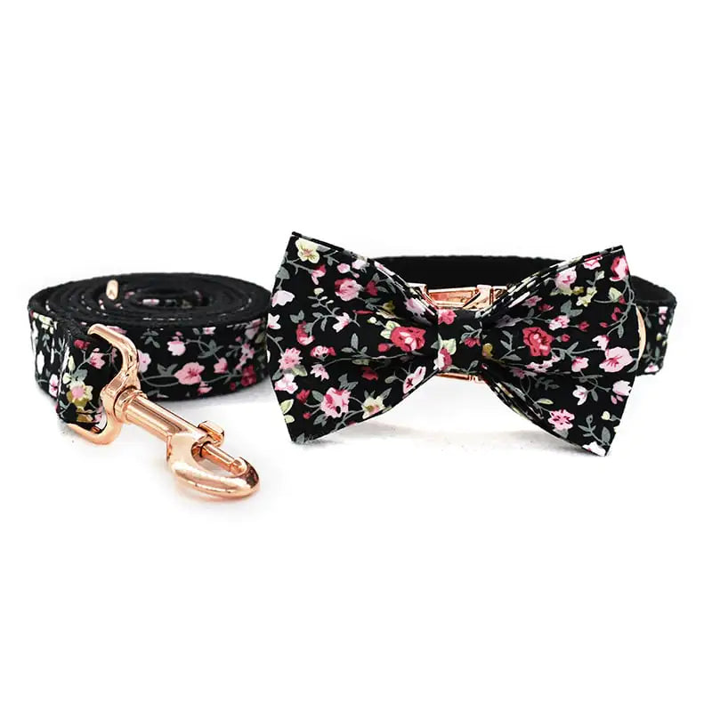 Black Flower Pet Leash and Collar for Dogs and Cats